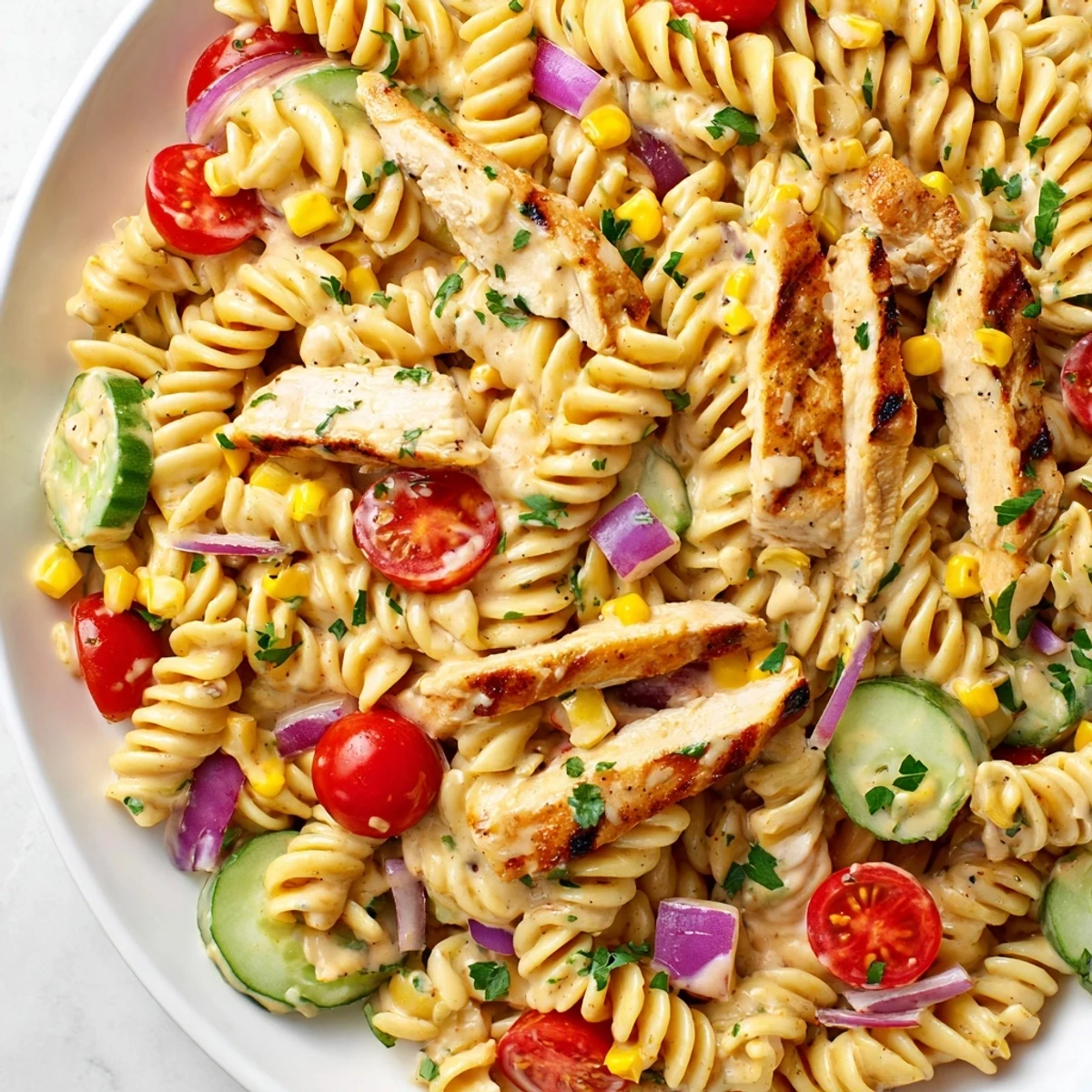 Colorful honey mustard chicken pasta salad tossed with crisp vegetables in a creamy bowl