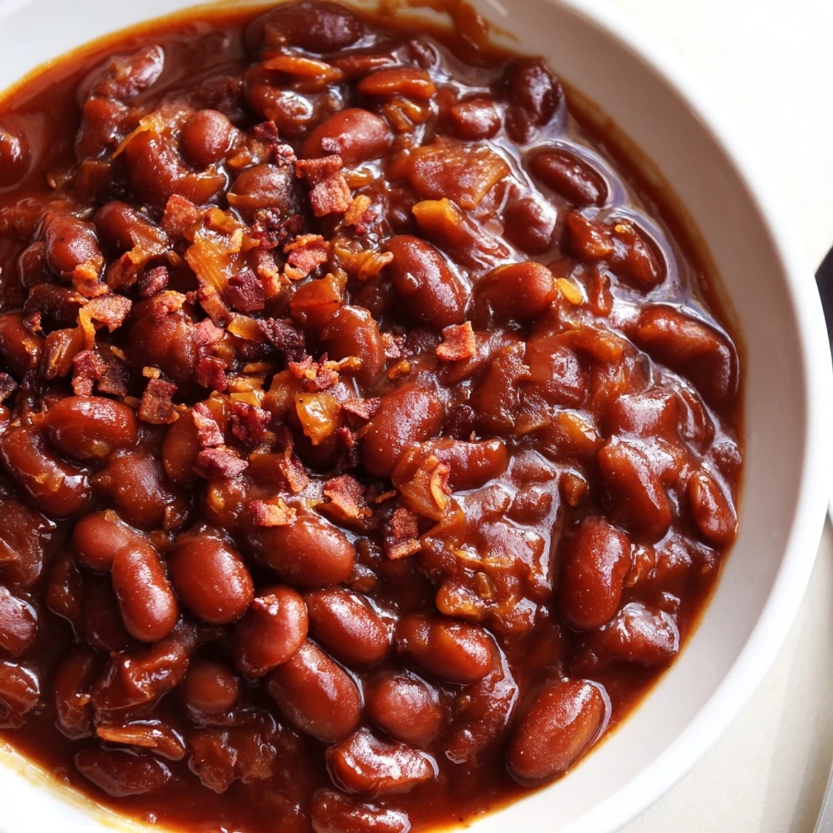 Steaming bowl of quick barbecued beans glistening with thick, sweet, smoky sauce