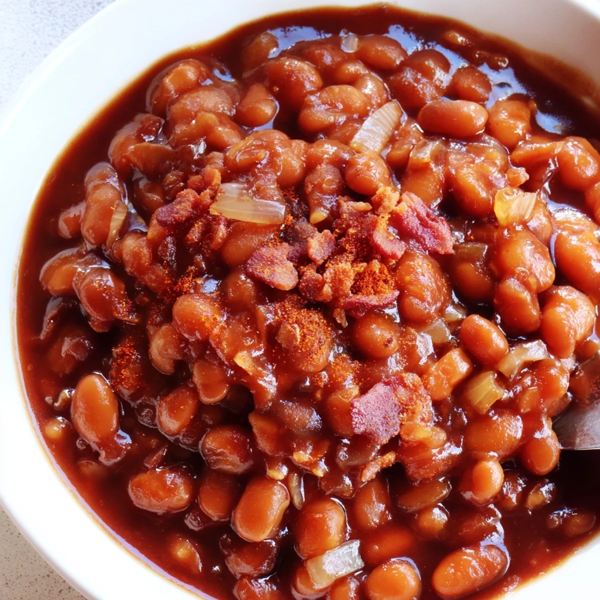 Quick barbecued beans served in a rustic skillet with a side of golden cornbread