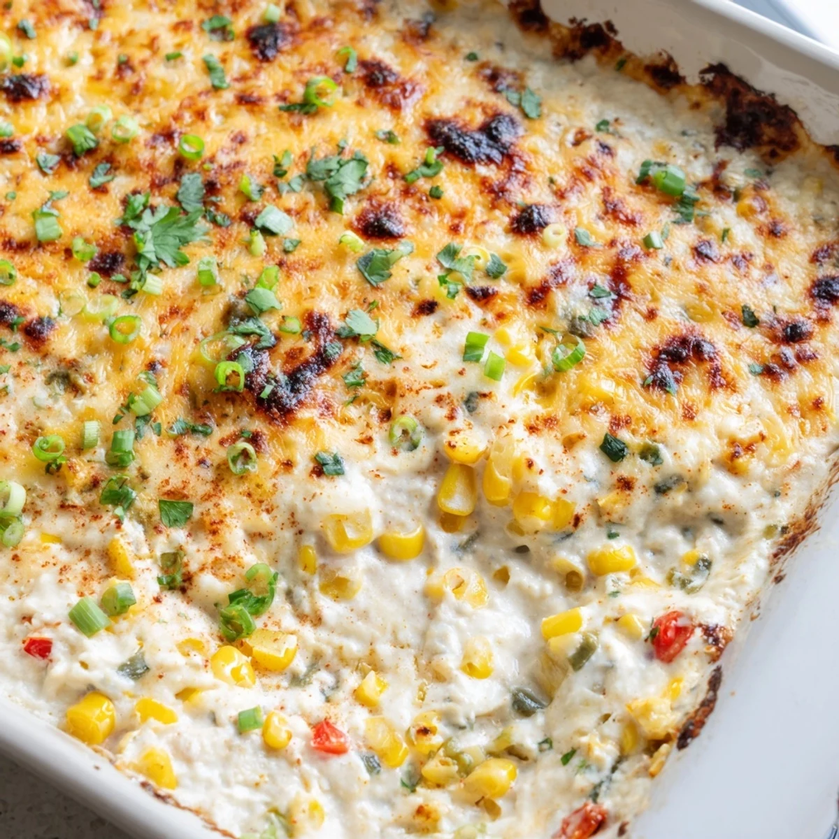 Golden bubbling baked creamy corn jalapeño dip served warm with crispy tortilla chips