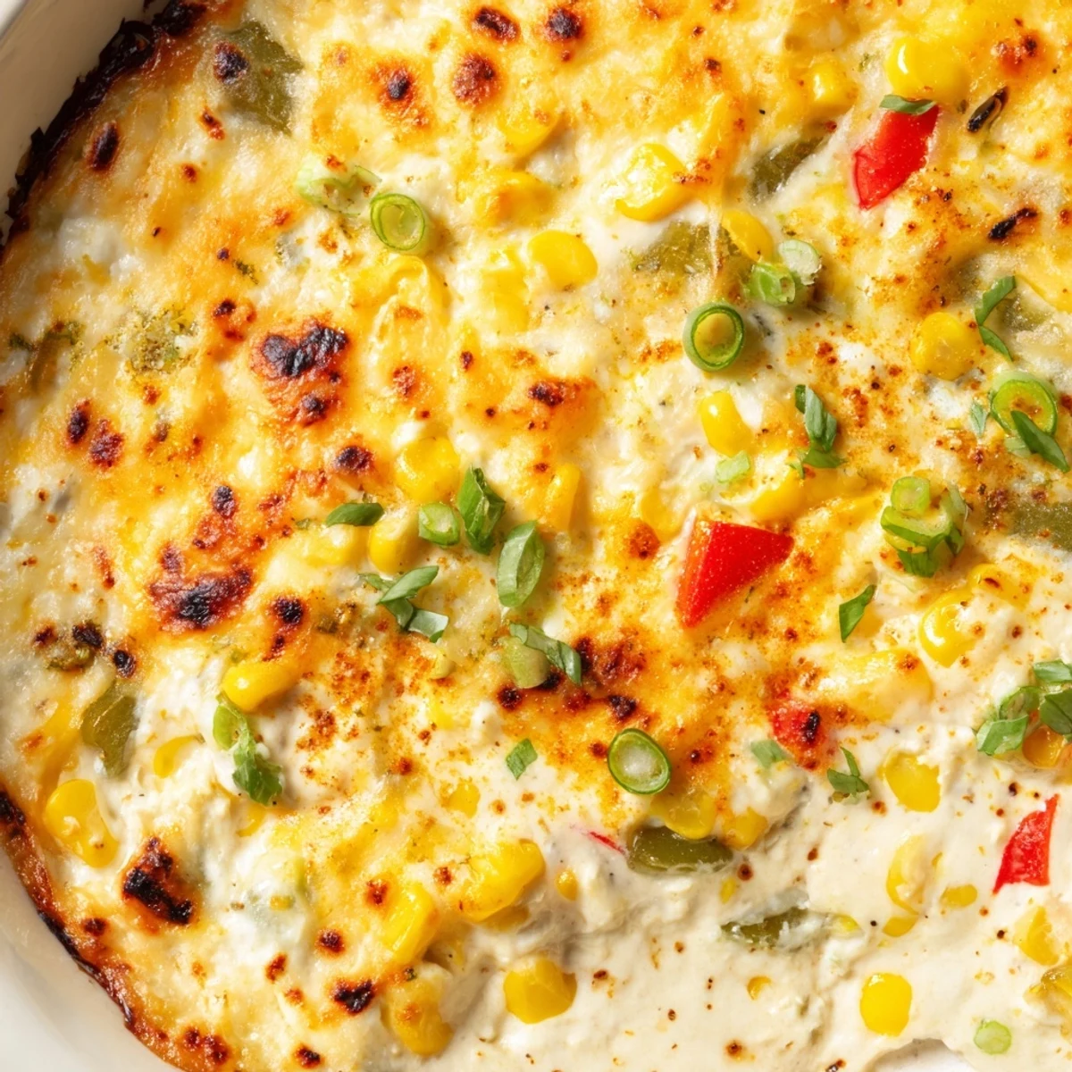 Creamy baked corn jalapeño dip topped with cilantro in a cast iron skillet