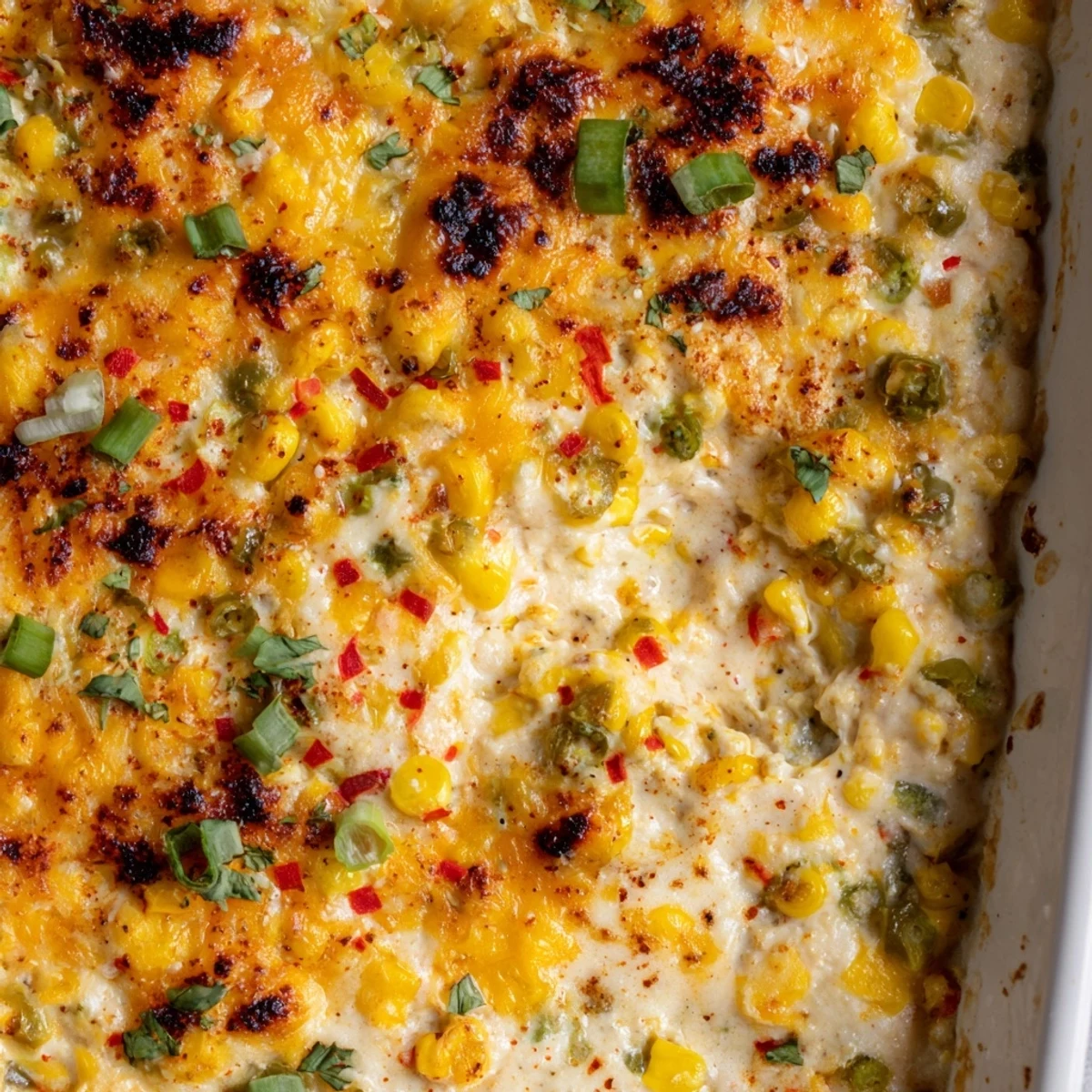 Spoonful of hot baked creamy corn jalapeño dip scooped up by a tortilla chip
