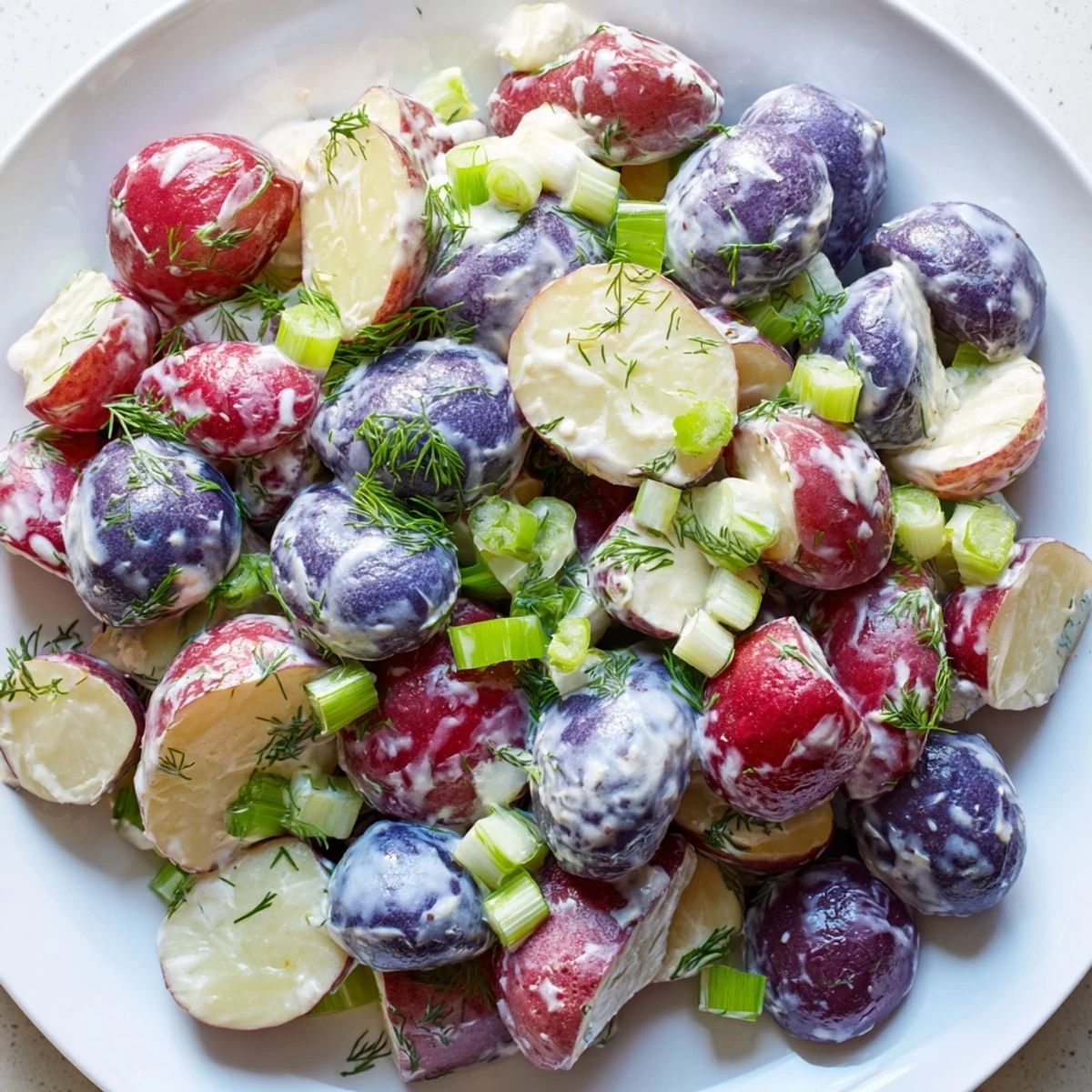 A vibrant bowl of red white and blue potato salad coated in creamy herb dressing