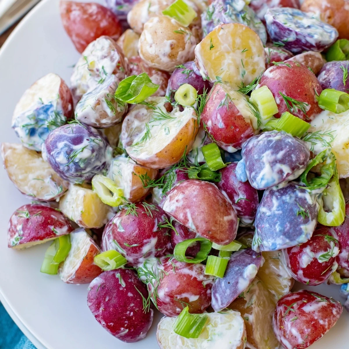 Colorful red white and blue potato salad garnished with fresh dill and parsley