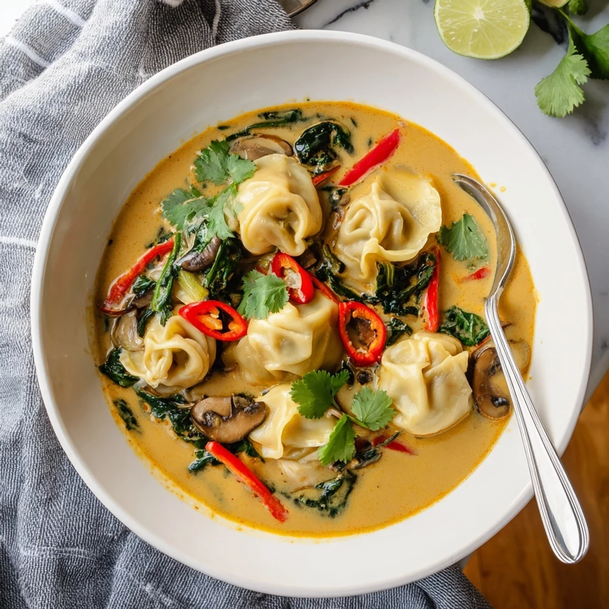 Steaming bowl of Creamy Thai Dumpling Soup with golden broth and fresh cilantro garnish