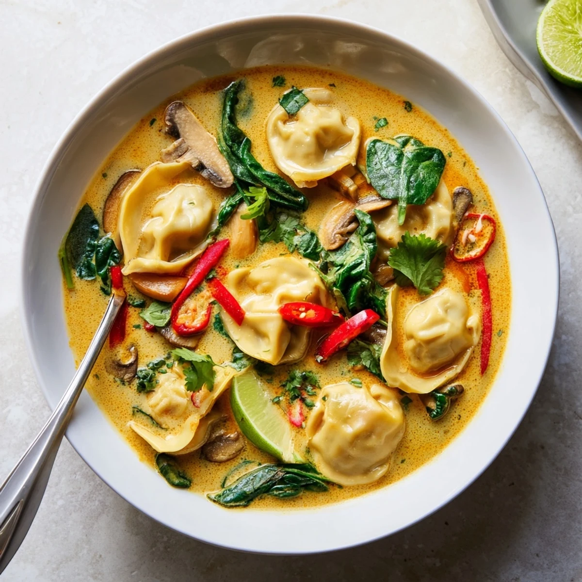 Creamy Thai Dumpling Soup featuring plump dumplings and vibrant red bell pepper slices