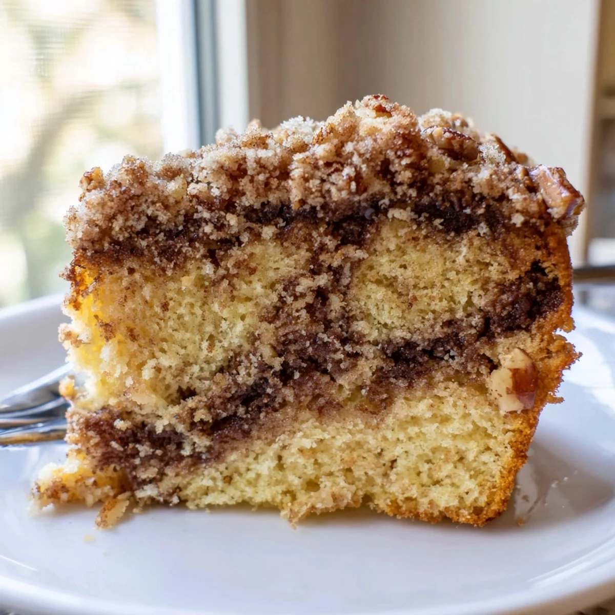 Warm cinnamon pecan crunch coffee cake sliced on a rustic wooden cutting board with crumbly topping