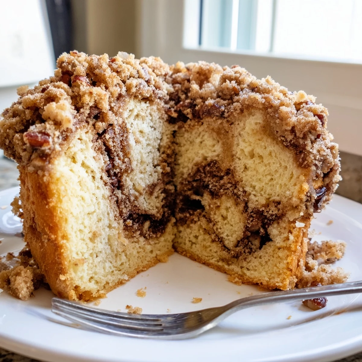 Golden cinnamon pecan crunch coffee cake fresh from the oven with a crackly sweet streusel crown