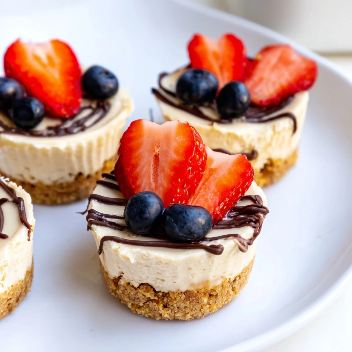 Creamy mini cheesecakes topped with fresh berries and golden graham crusts