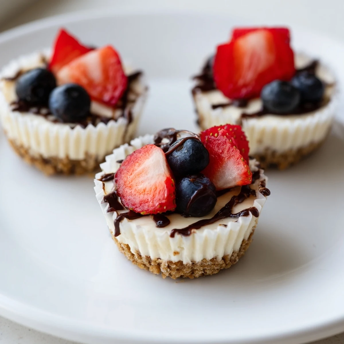Individual mini cheesecakes drizzled with chocolate ganache on a rustic serving platter
