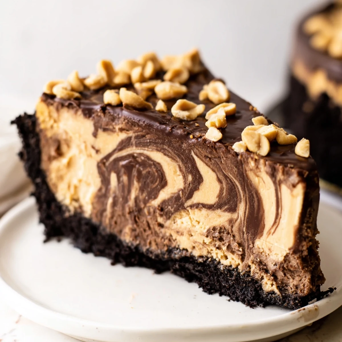 Creamy chocolate peanut butter cheesecake with a thick ganache topping and crunchy peanut garnish