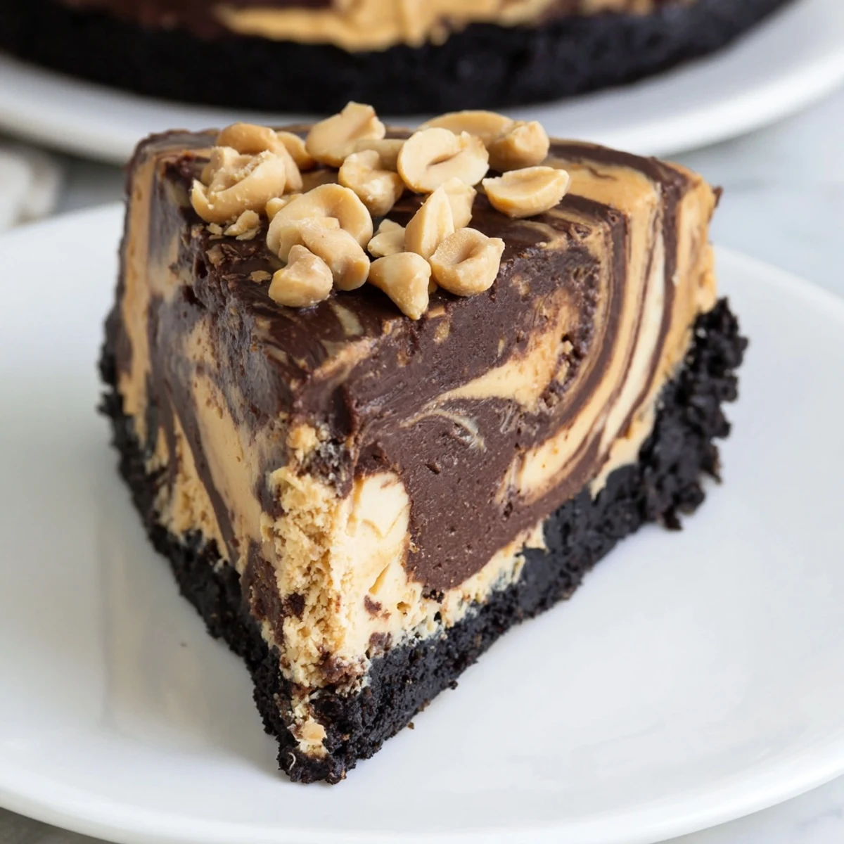 Rich chocolate peanut butter cheesecake slices showing marbled filling above a dark cookie crust
