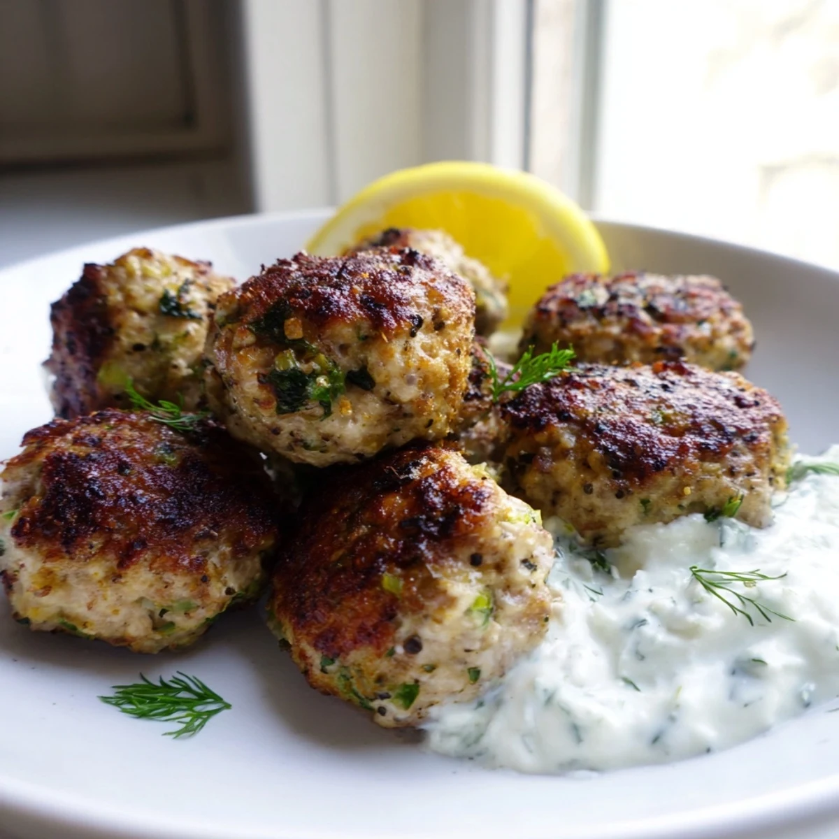 Golden Greek turkey meatballs nestled beside a bowl of cool, creamy tzatziki sauce