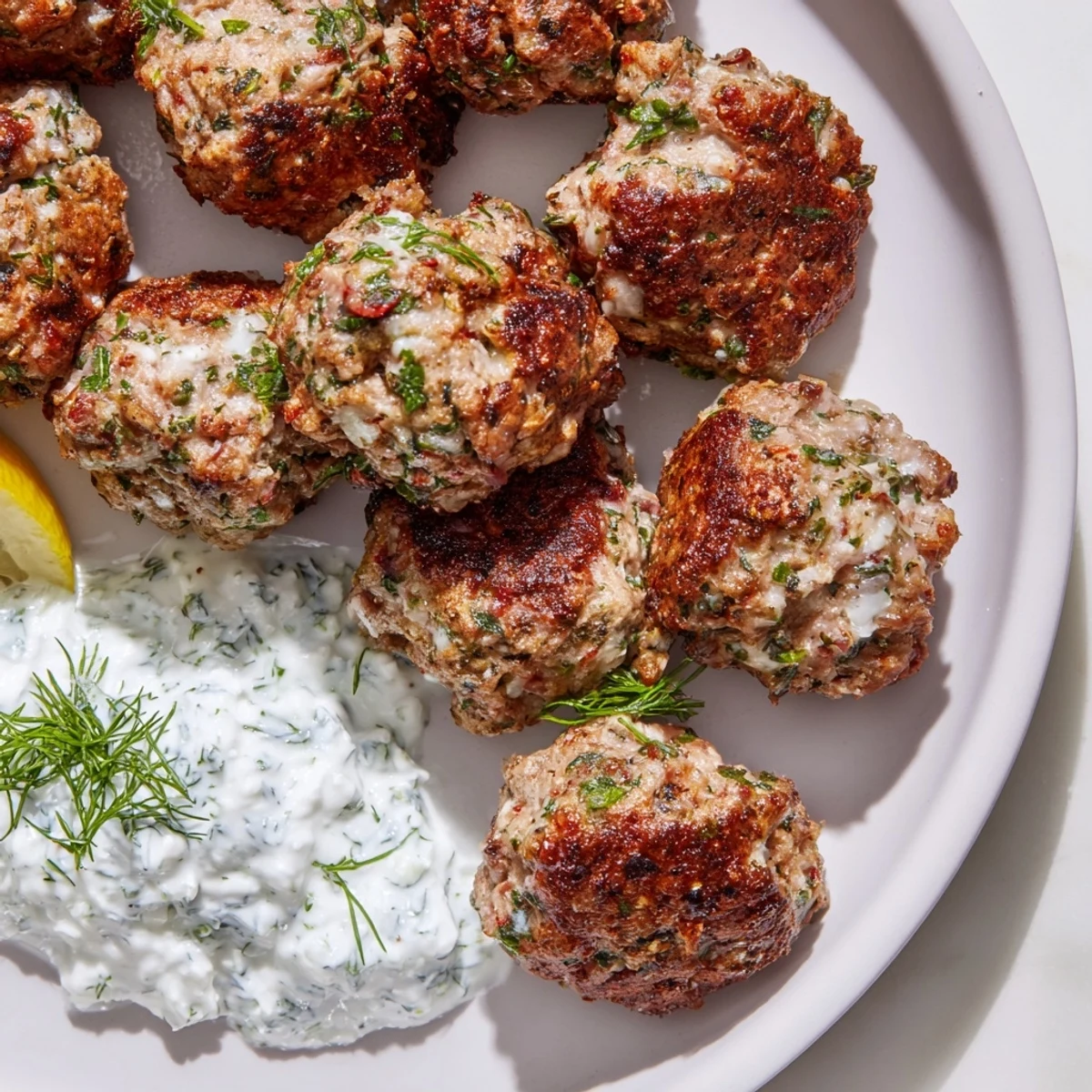 Crispy herb-flecked Greek turkey meatballs drizzled with tzatziki on a rustic white plate