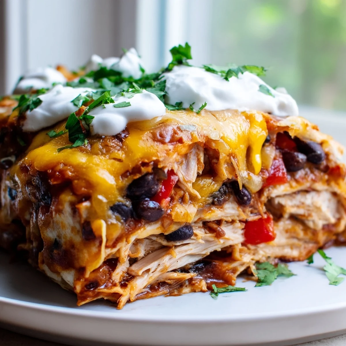 Creamy chicken burrito casserole layered with beans, rice, and melted cheese
