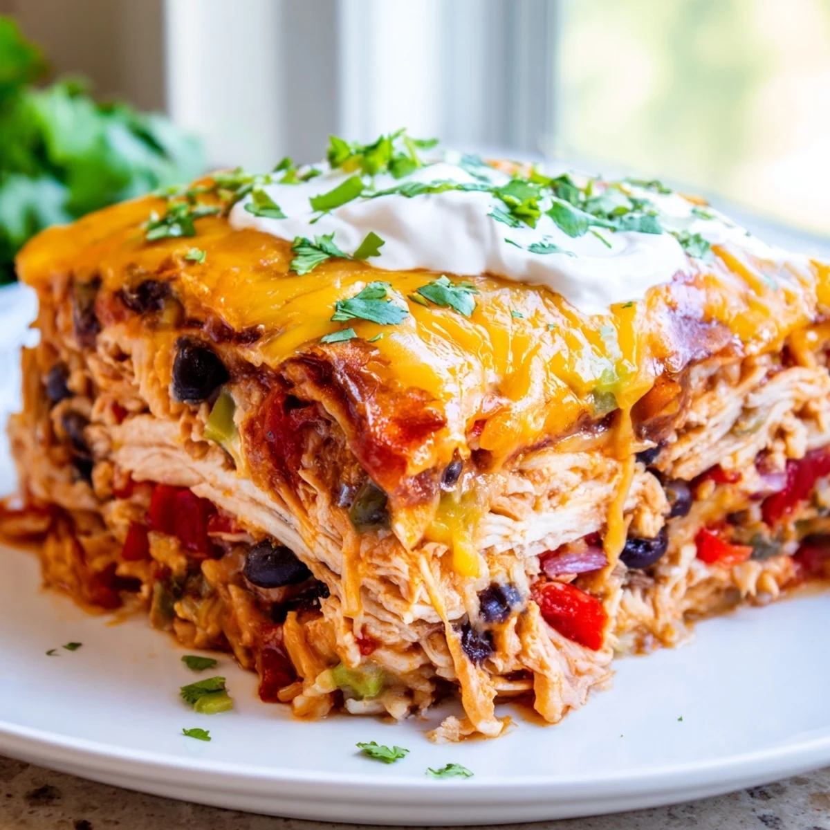 Hearty chicken burrito casserole fresh from the oven with sour cream dollops
