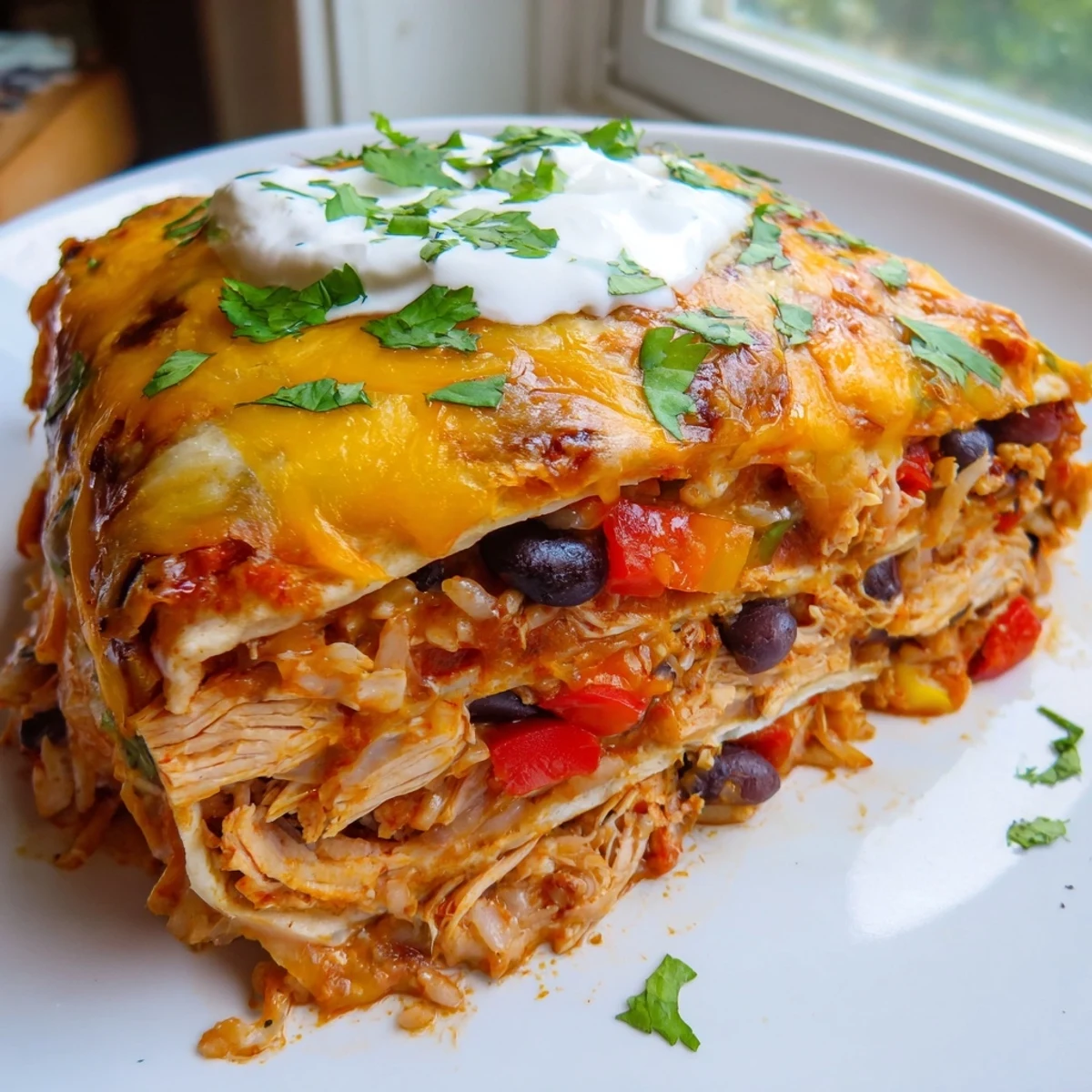 Golden bubbling chicken burrito casserole with melted cheddar and fresh cilantro garnish