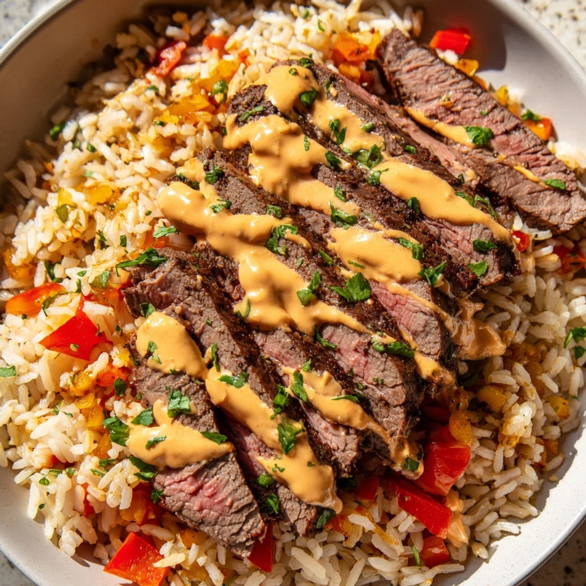Steak queso rice with melted cheese sauce drizzled over seasoned beef and rice