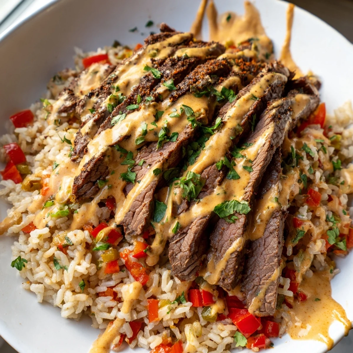 Creamy steak queso rice in a cast iron skillet topped with fresh cilantro