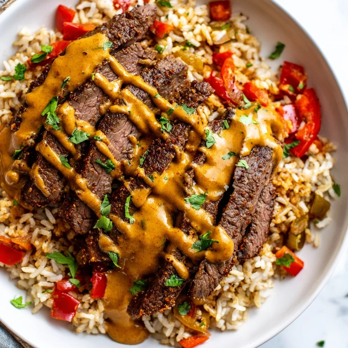 Steak queso rice served in bowls with juicy sliced steak and warm queso