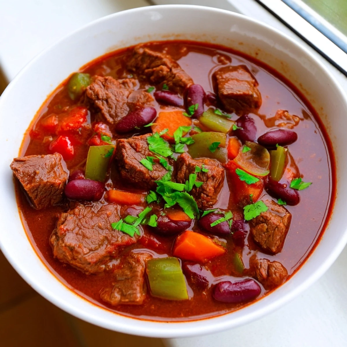 Steaming bowl of beefy chili stew garnished with fresh cilantro and shredded cheddar cheese