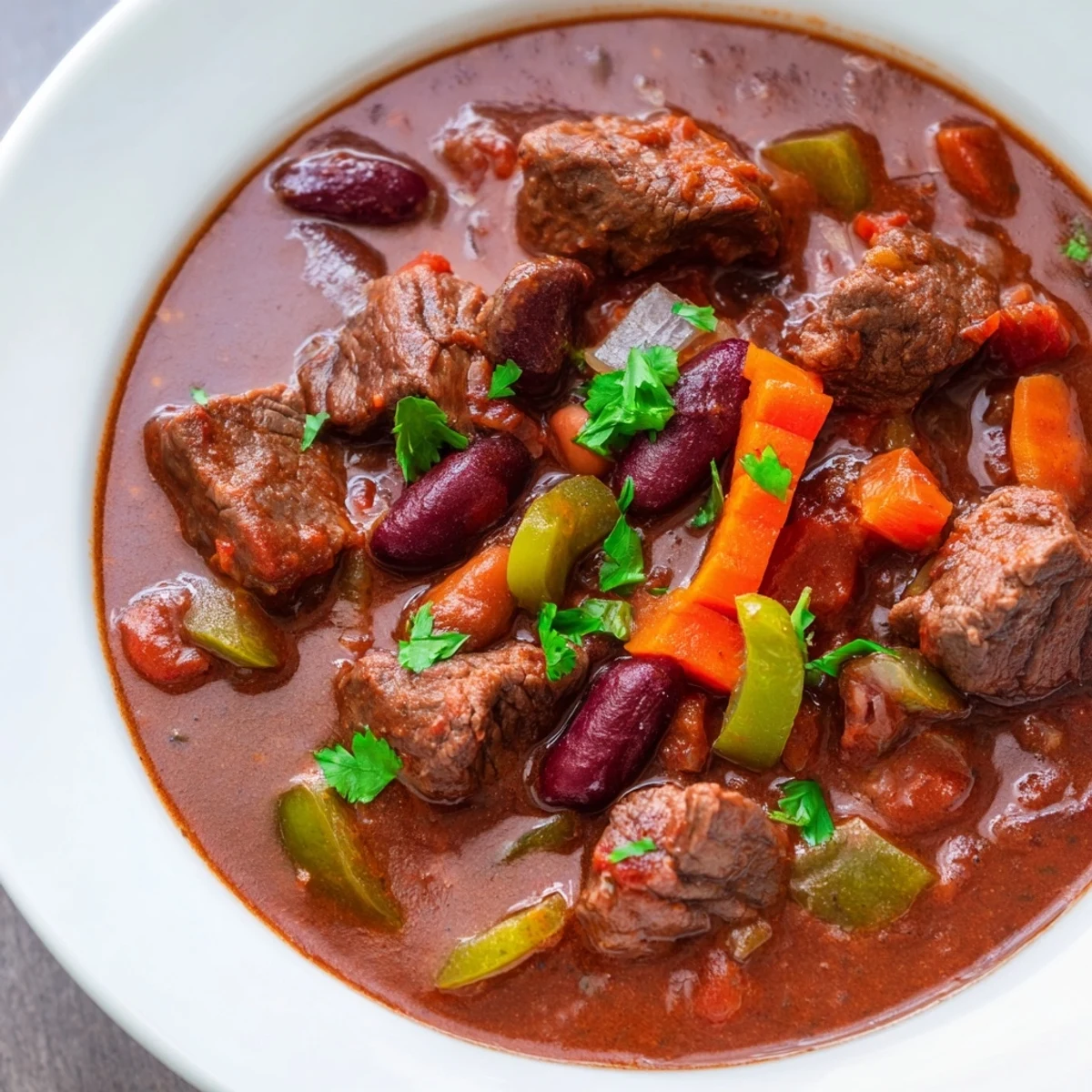 Hearty beefy chili stew with tender beef chunks, beans, and vegetables in rustic cast iron pot