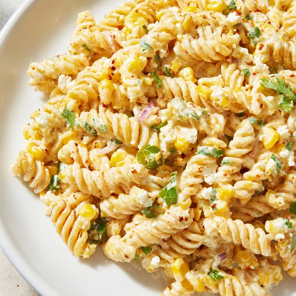 Tangy elote pasta salad tossed with sweet corn kernels, zesty lime dressing, and crumbled cotija