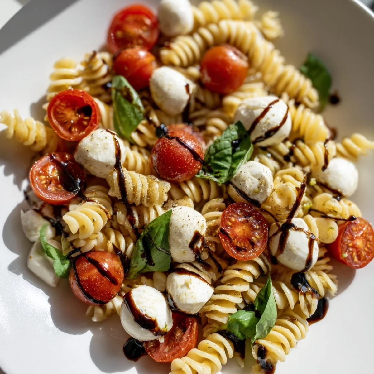 Caprese Pasta Salad with juicy cherry tomatoes, fresh mozzarella, and fragrant basil leaves