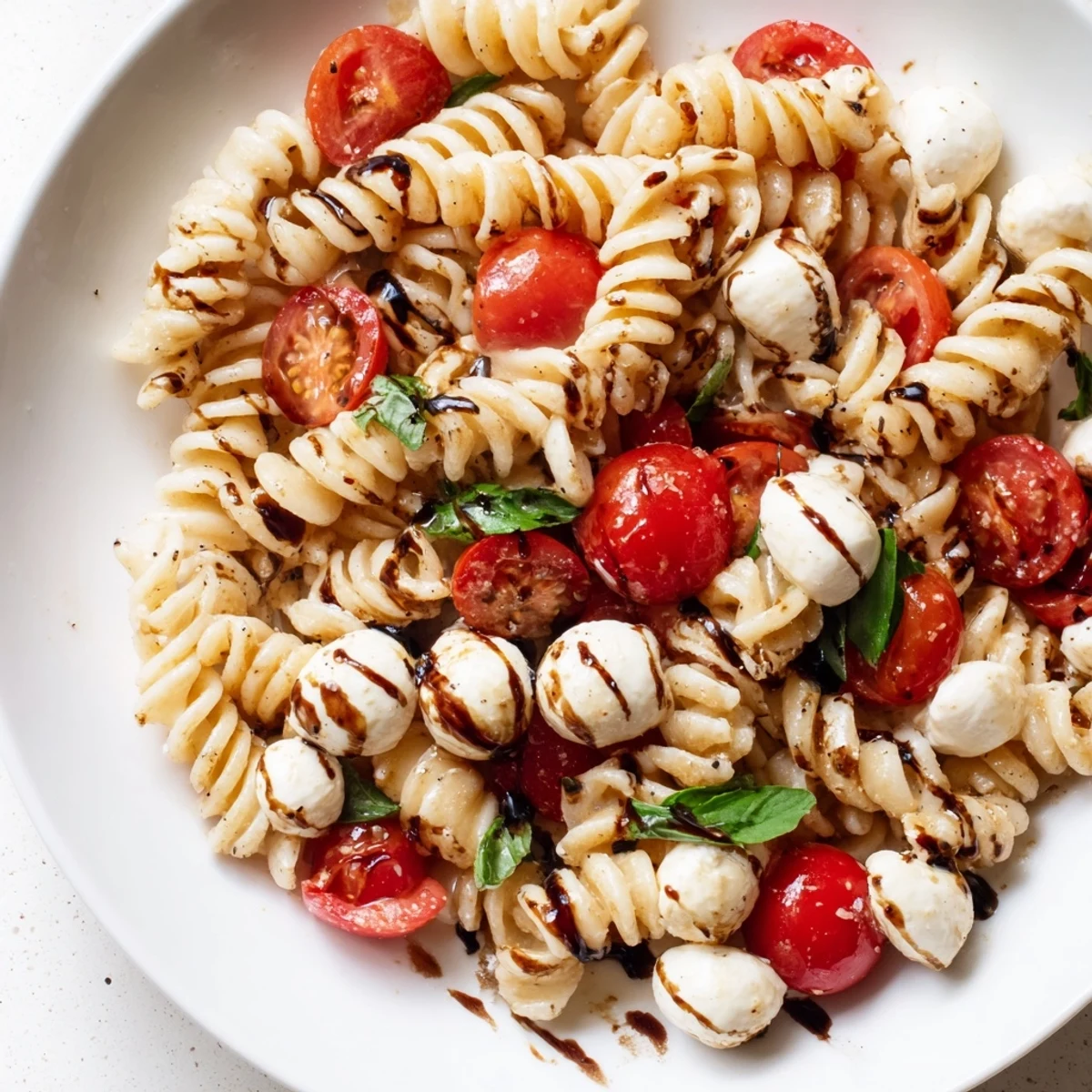 Colorful Caprese Pasta Salad tossed with balsamic glaze in a rustic serving bowl