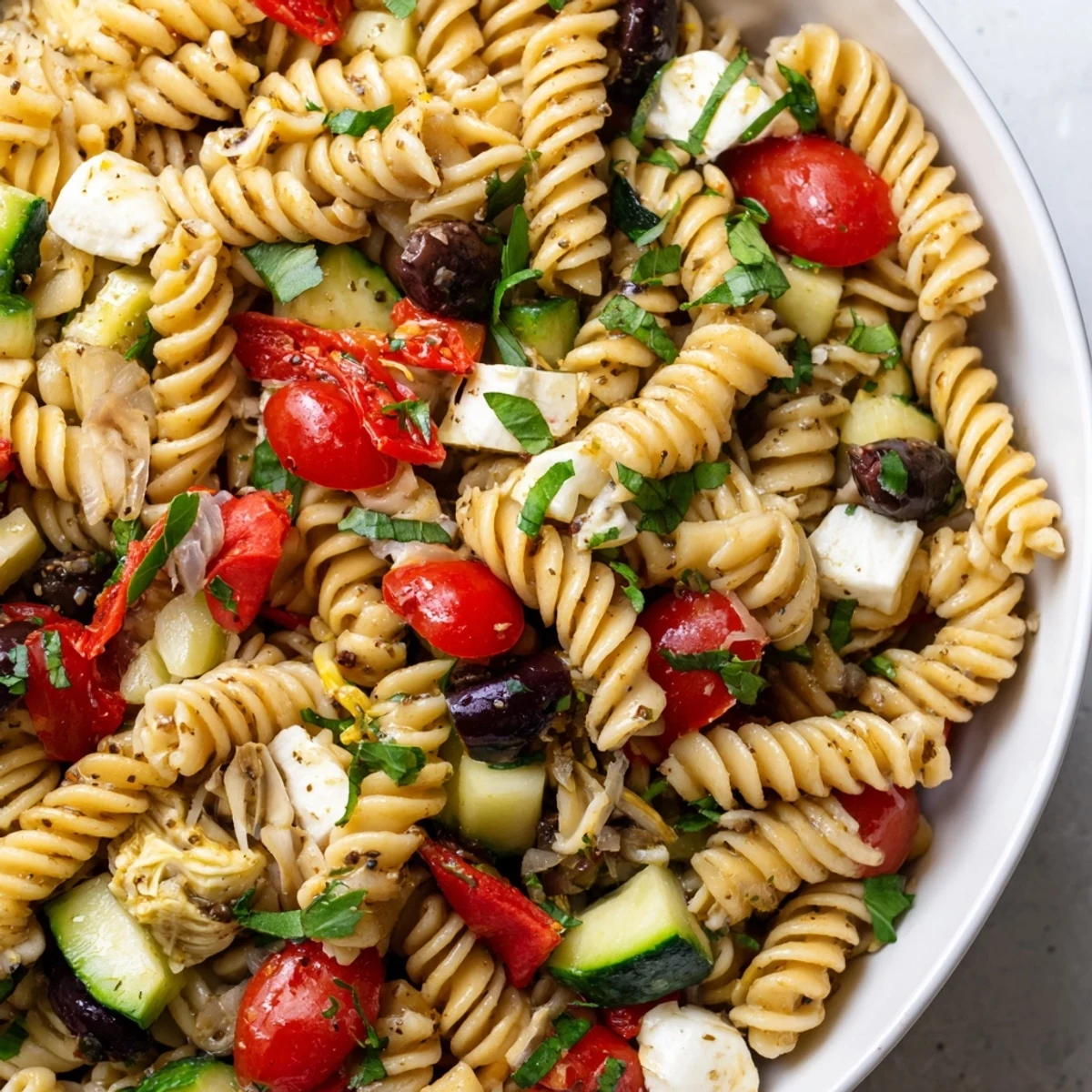 Colorful vegetarian Italian pasta salad loaded with fresh vegetables, olives, and mozzarella pearls