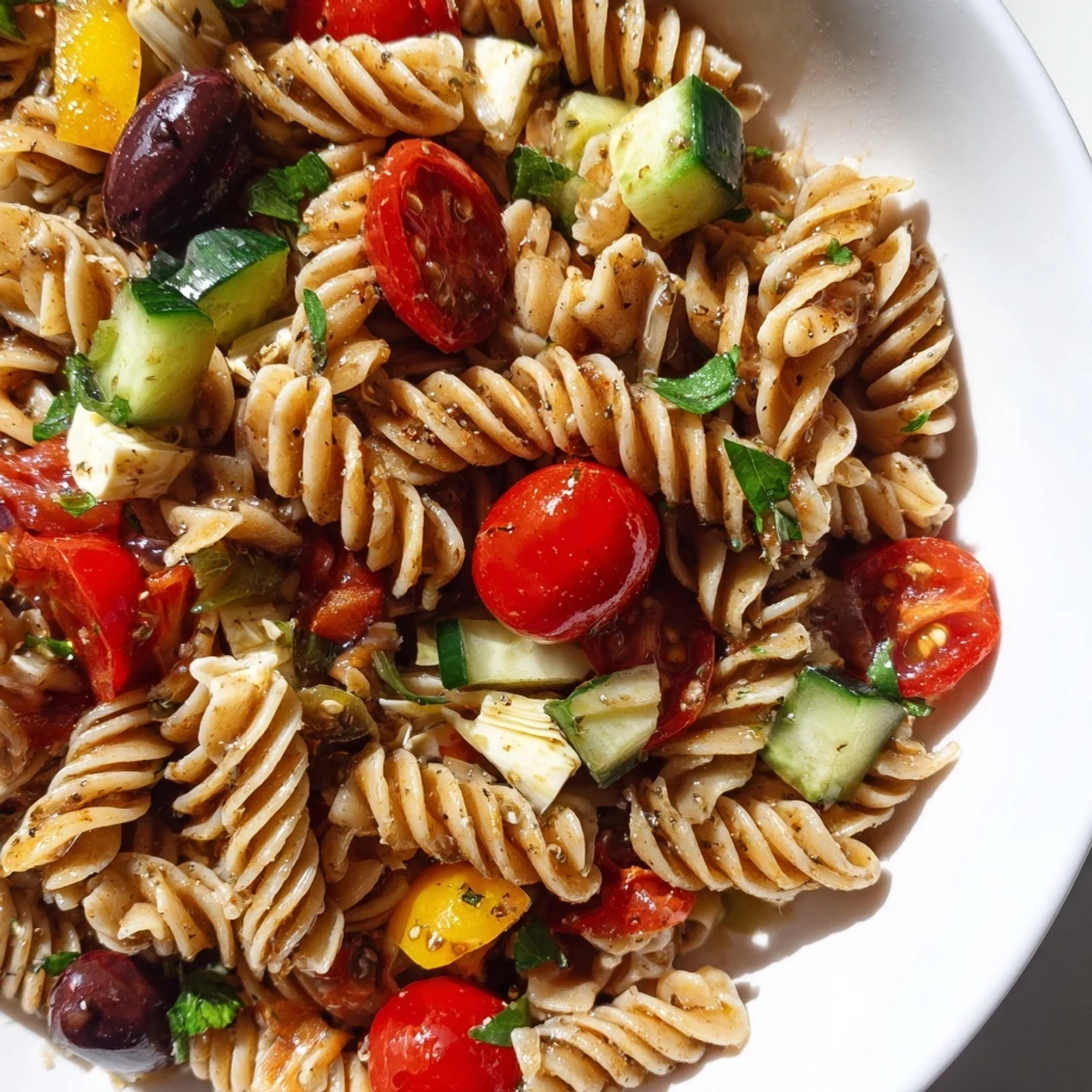 Vegetarian Italian pasta salad tossed in zesty homemade vinaigrette with crisp seasonal vegetables