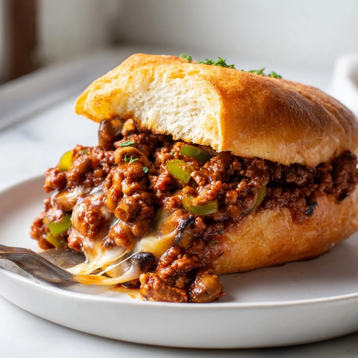 Cheesy Philly Sloppy Joes with melted provolone dripping over golden toasted brioche buns