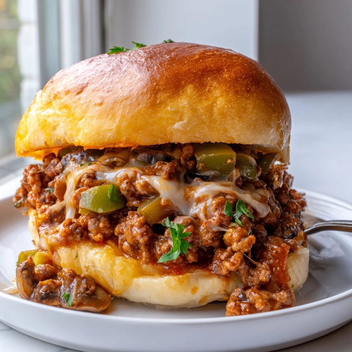 Juicy ground beef and sautéed peppers piled into a Cheesy Philly Sloppy Joes sandwich