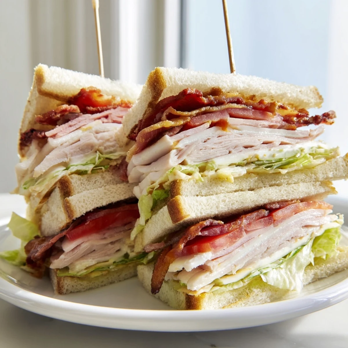 Club Sandwich stacked with roasted turkey, crispy bacon, lettuce, and tomato on toasted bread