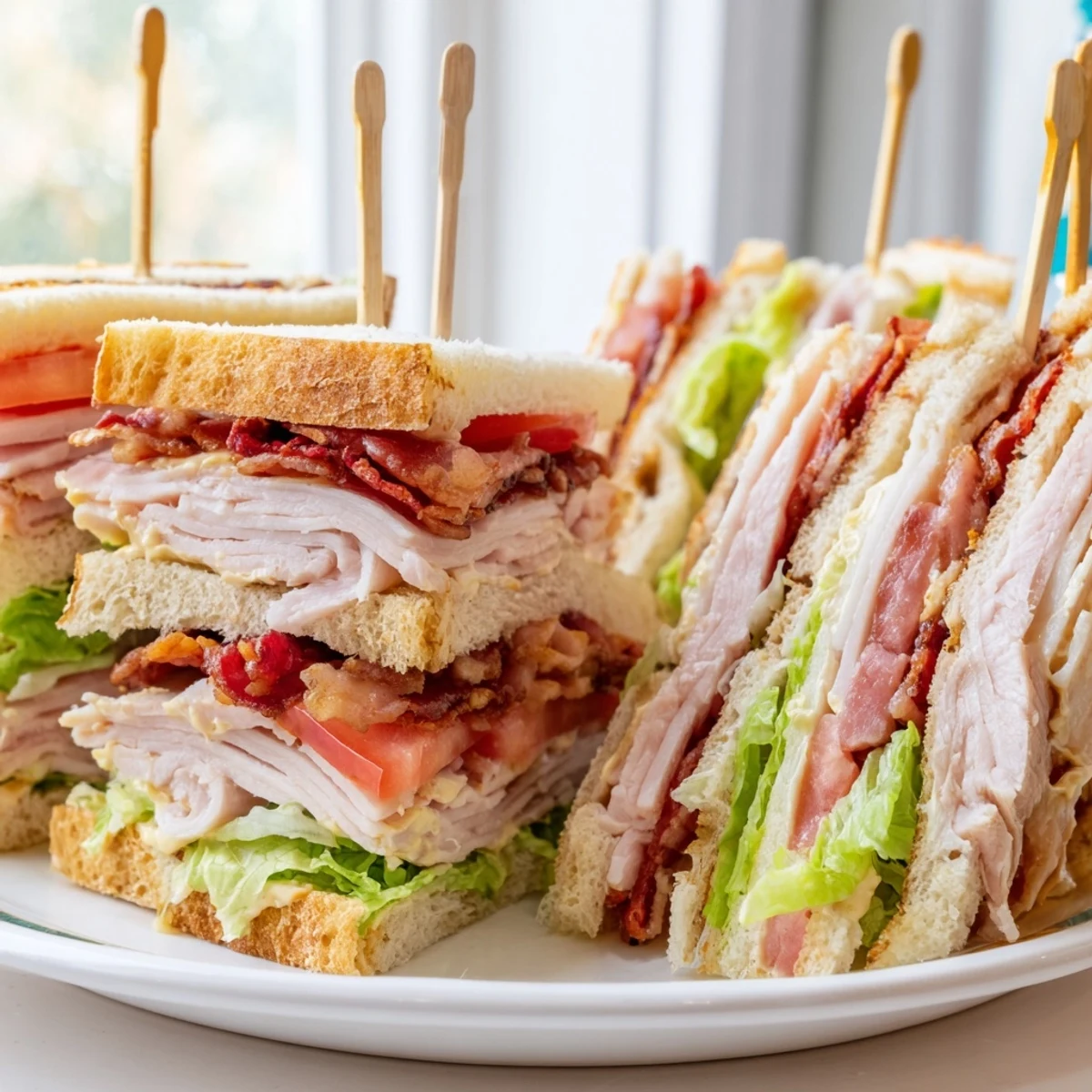 Triple-decker Club Sandwich featuring layered deli meats, fresh veggies, and creamy mayonnaise