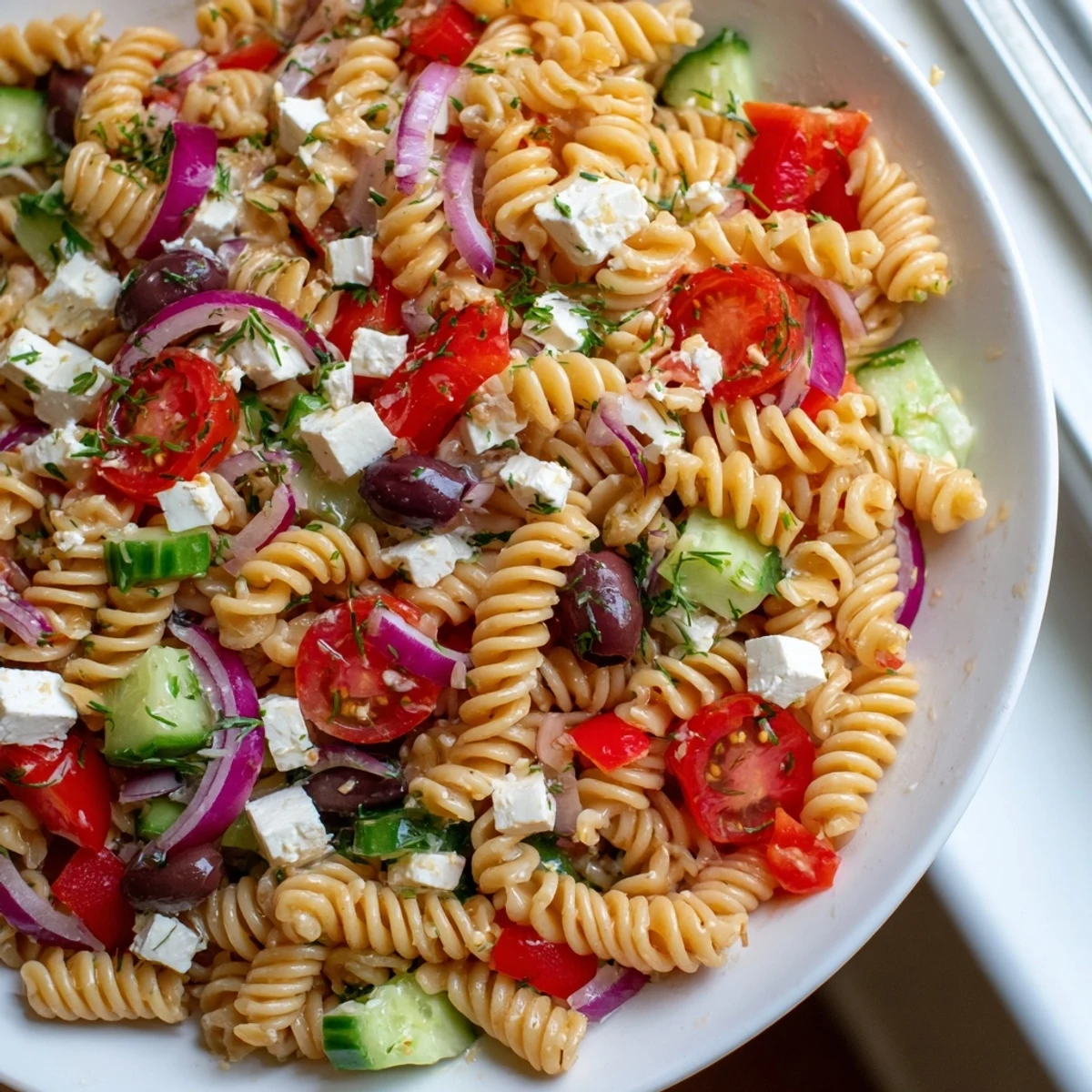 Colorful Greek pasta salad tossed with olives, bell peppers, and zesty herb dressing