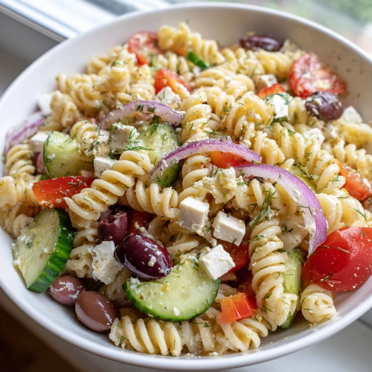 Greek pasta salad loaded with crisp cucumbers, juicy tomatoes, and tangy feta cheese