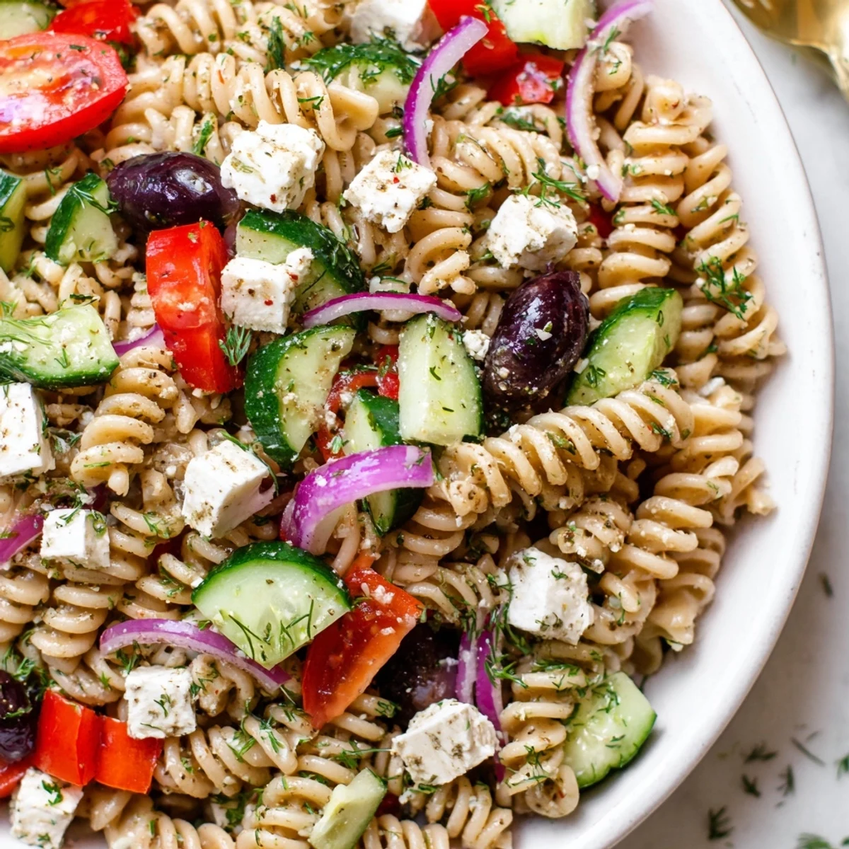 Chilled Greek pasta salad served in a bowl with crumbled feta and fresh parsley