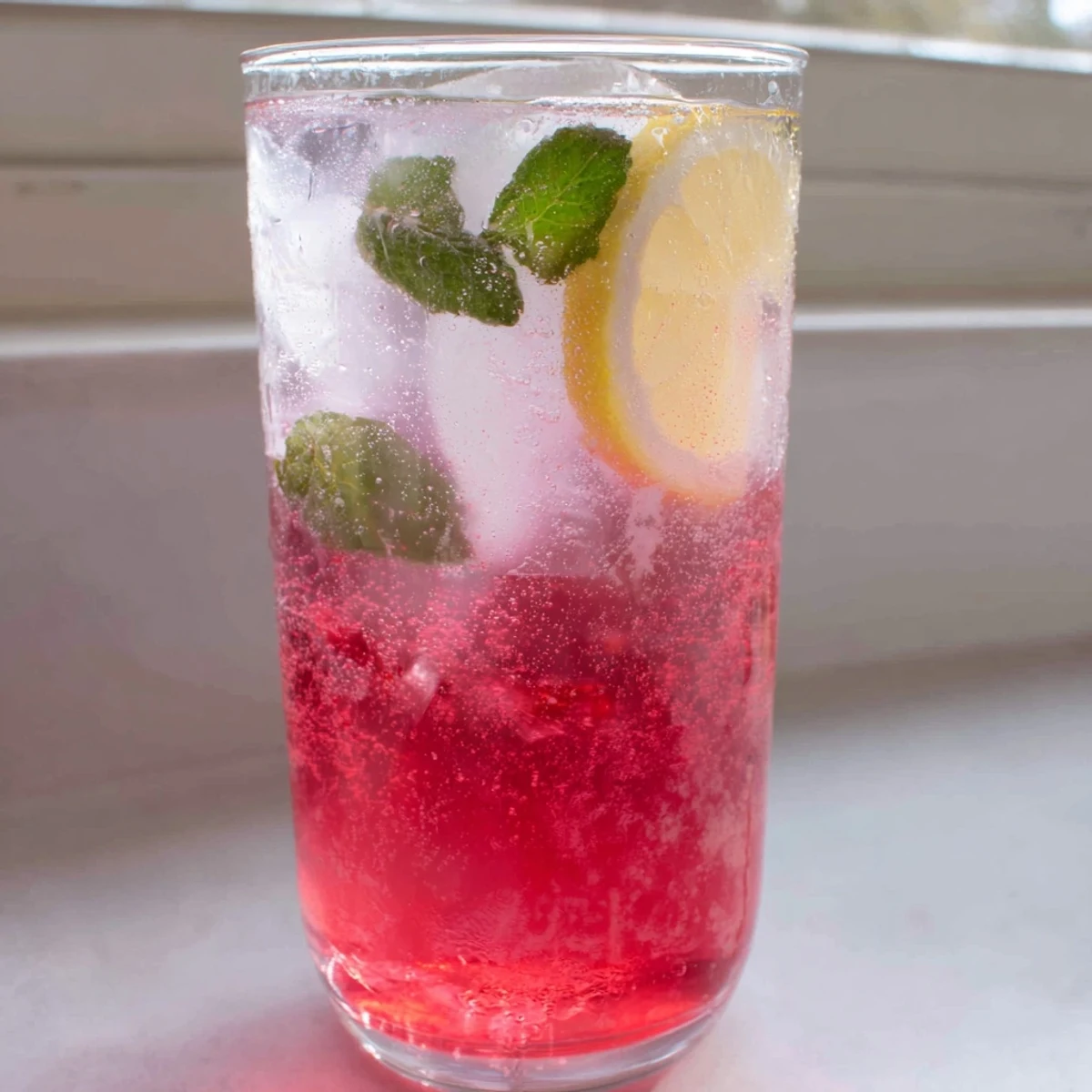 Sparkling Honey Lemon Pink Soda in a tall glass garnished with raspberries