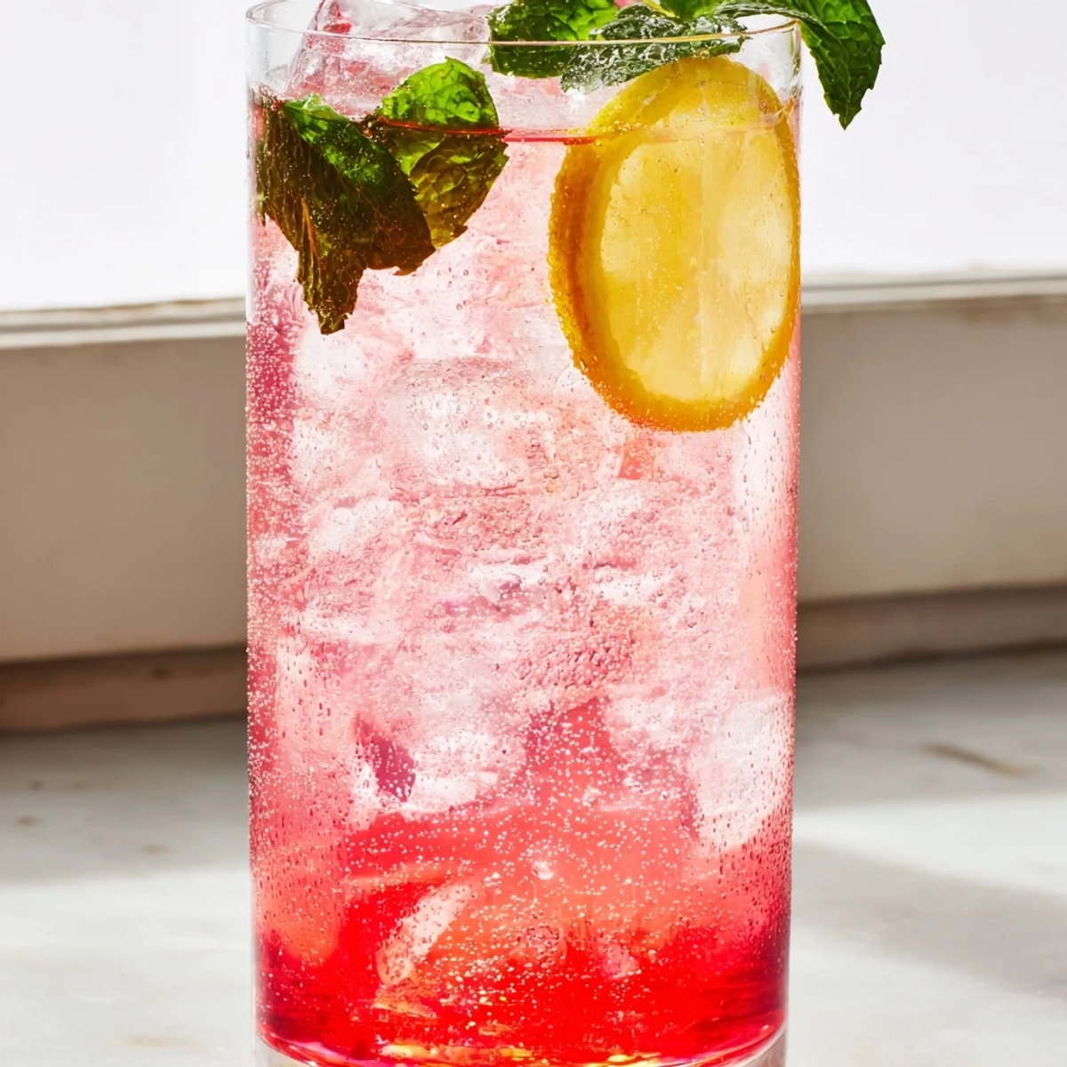 Bubbly Honey Lemon Pink Soda poured over ice with fresh lemon slices and mint
