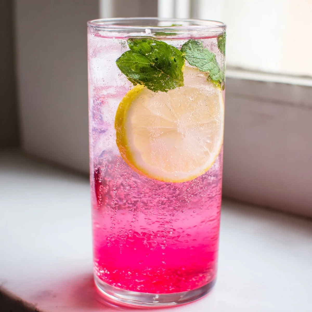 Chilled Honey Lemon Pink Soda with a vibrant rosy hue topped with sparkling water