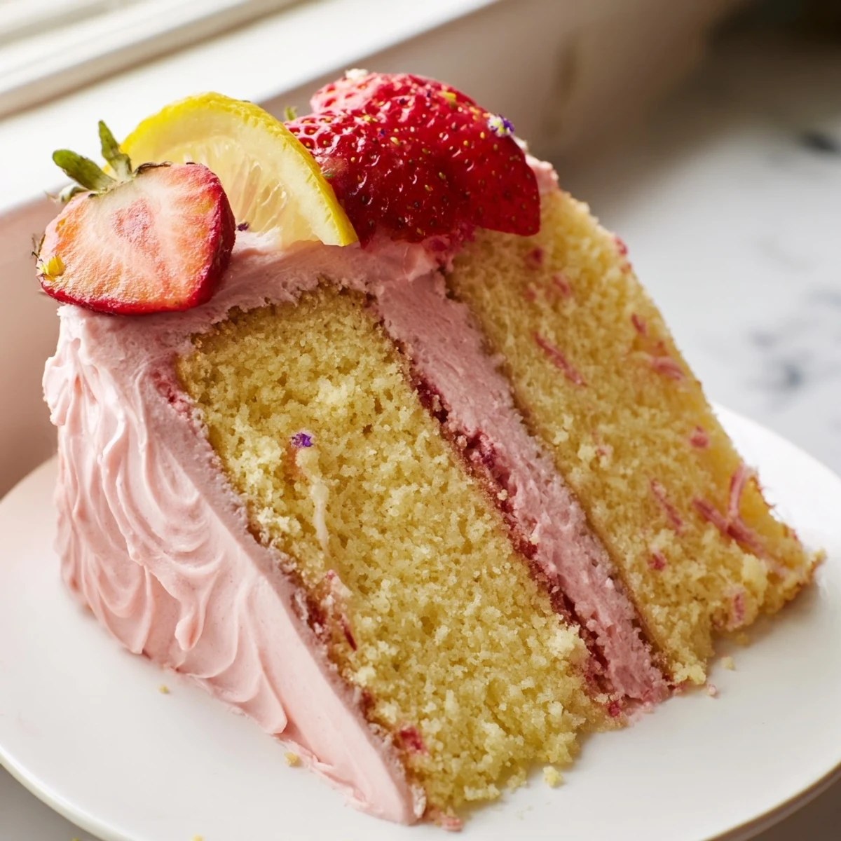 A frosted strawberry lemonade cake topped with fresh berries and lemon slices on a decorative plate.