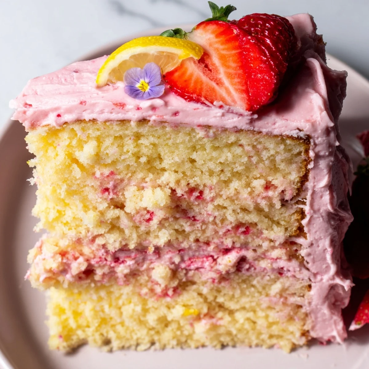 A pink strawberry lemonade cake with creamy frosting served on a rustic cake stand for a summer party.