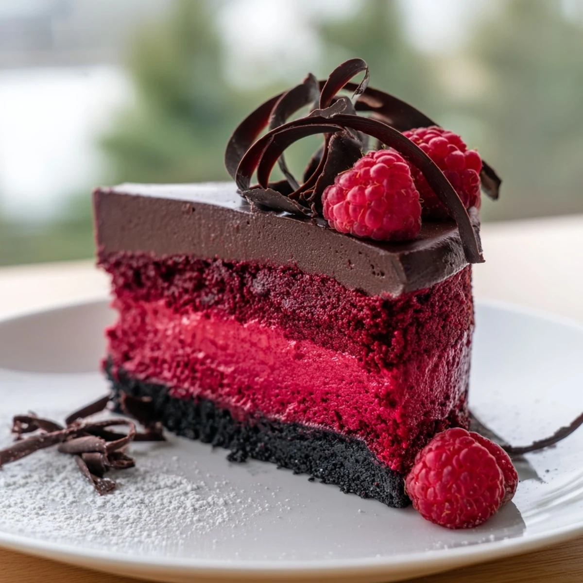 A sliced raspberry chocolate mousse cake revealing glossy layers on a white dessert plate