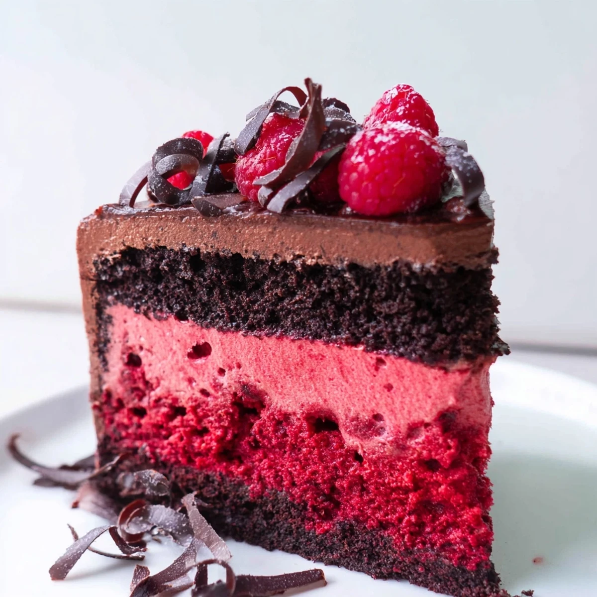 Tall raspberry chocolate mousse cake dusted with powdered sugar and garnished with bright berries