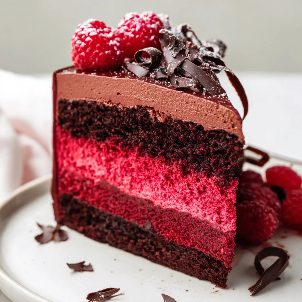 Silky chocolate mousse topped with fresh raspberries and delicate chocolate curls, beautifully plated