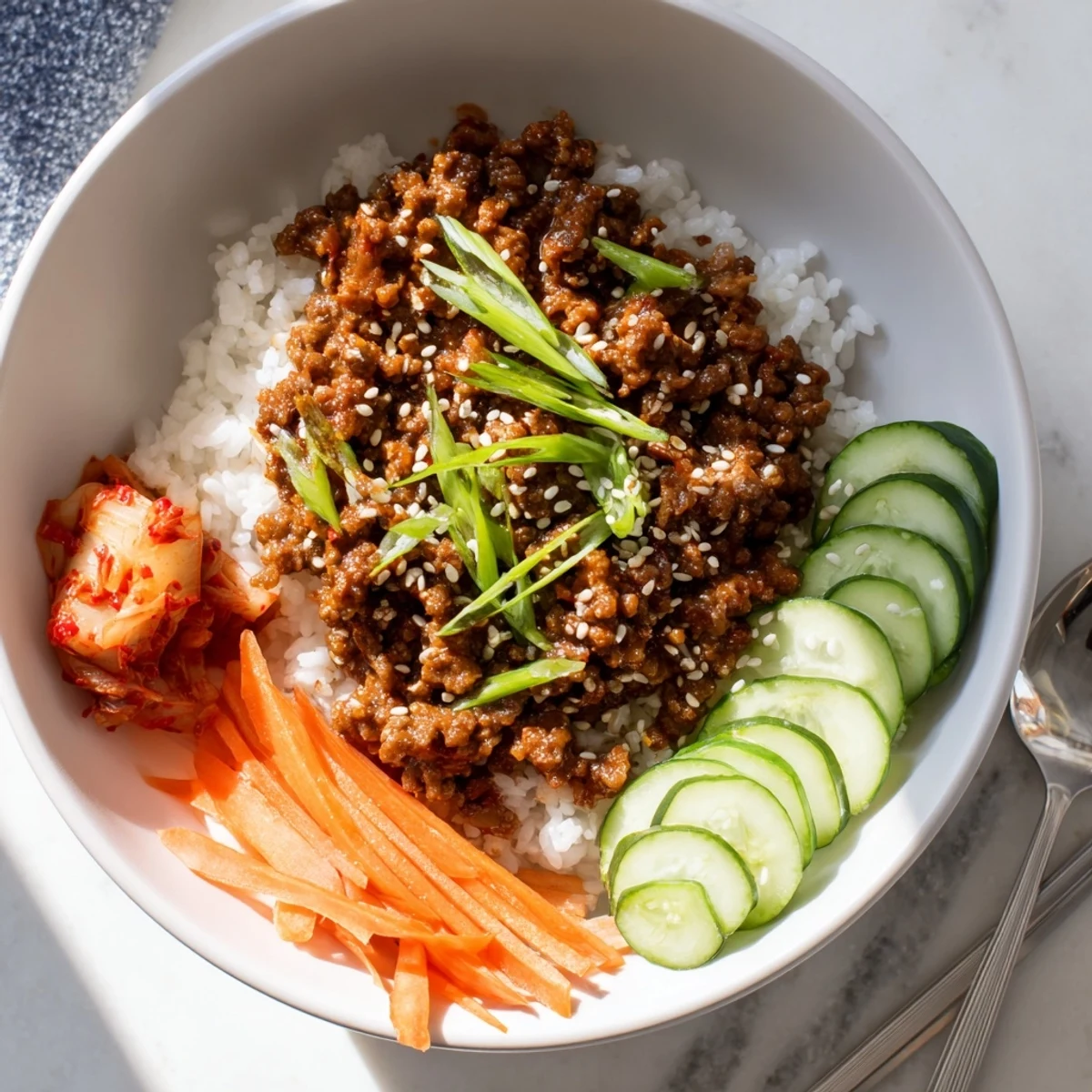 Steaming Korean ground beef bowl topped with sesame seeds, carrots, and fresh cucumber