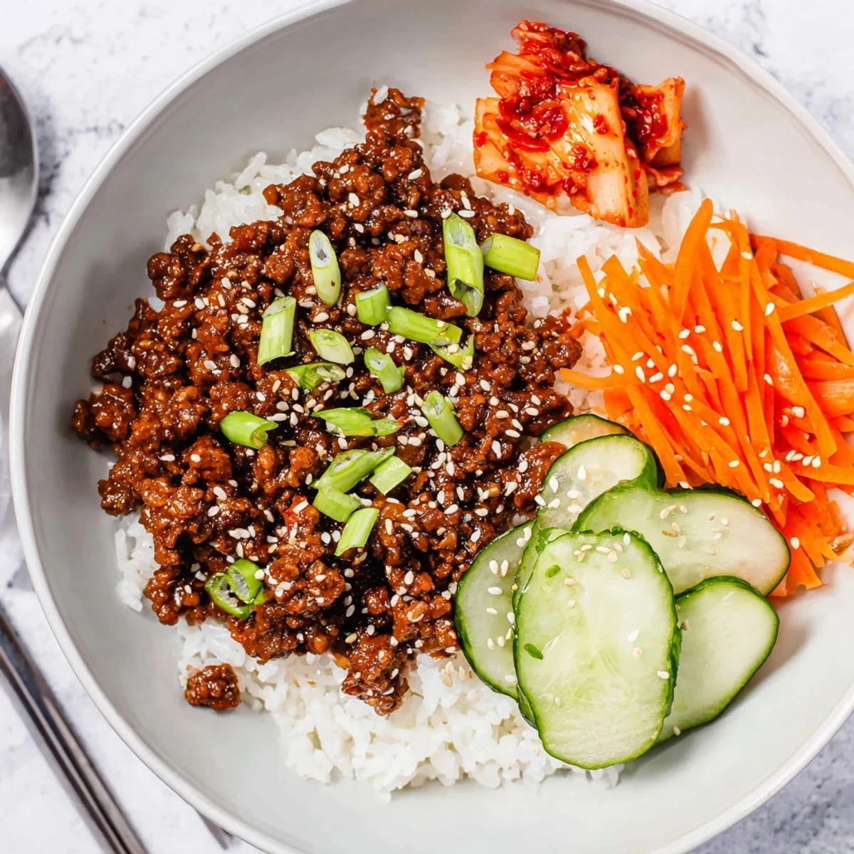 Savory Korean ground beef bowl drizzled with glossy sauce over fluffy white jasmine rice