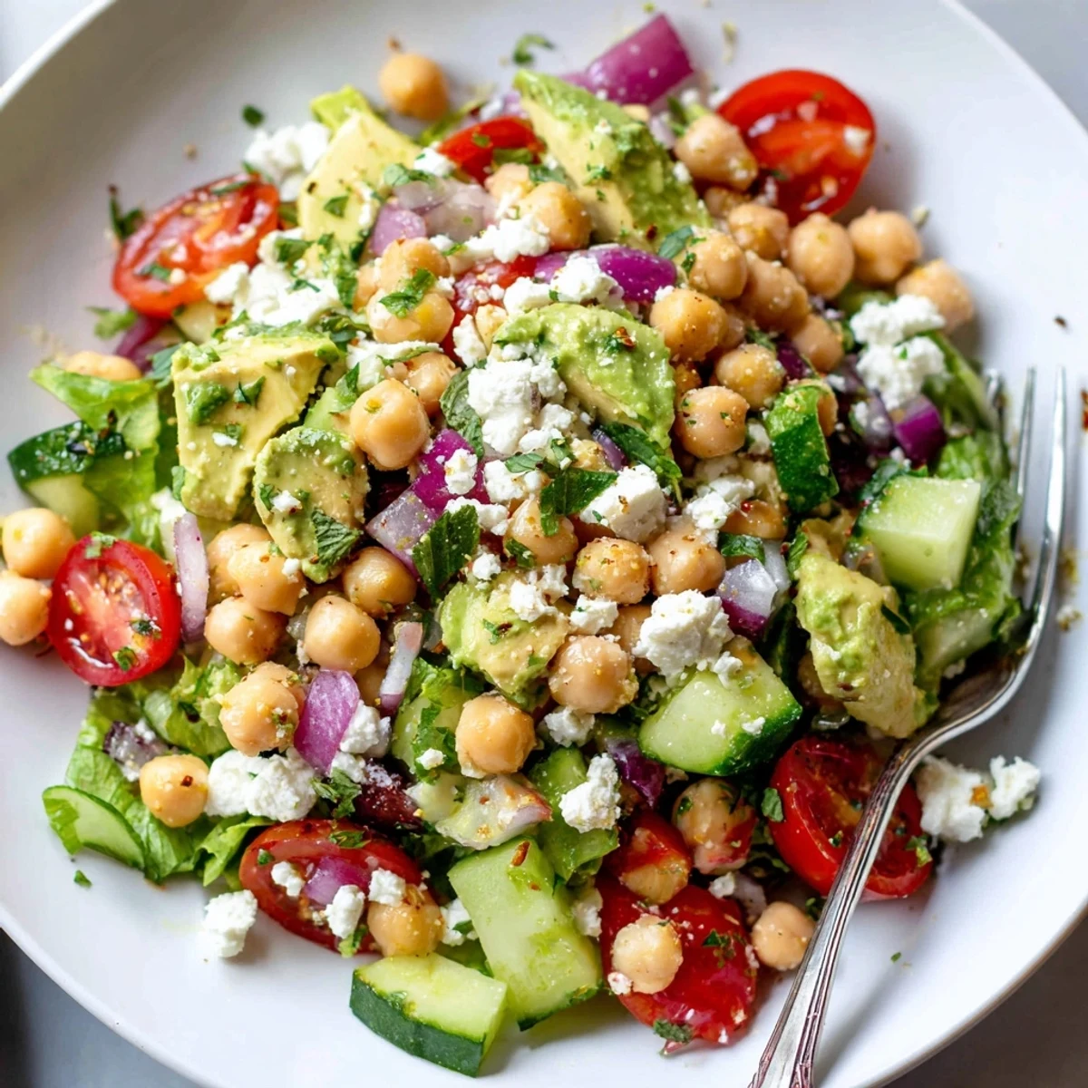 Creamy chickpea feta avocado salad topped with crumbled feta and fresh herbs