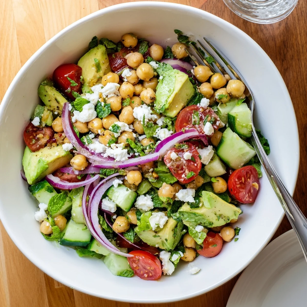Colorful chickpea feta avocado salad with cherry tomatoes and bright lemon dressing